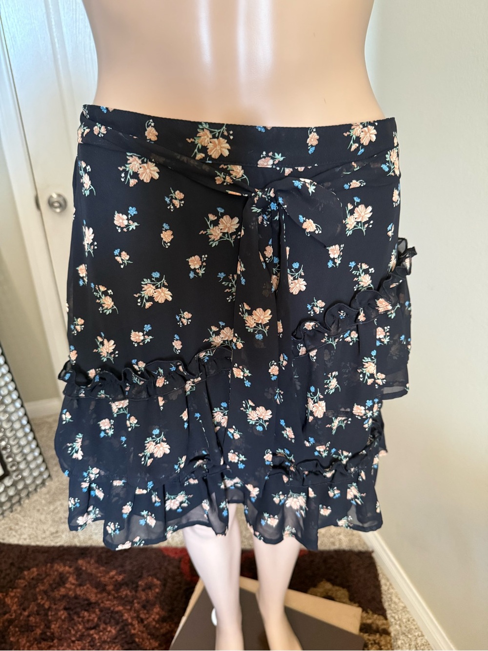 No Boundaries Black Floral Ruffle Tie-Waist Skirt